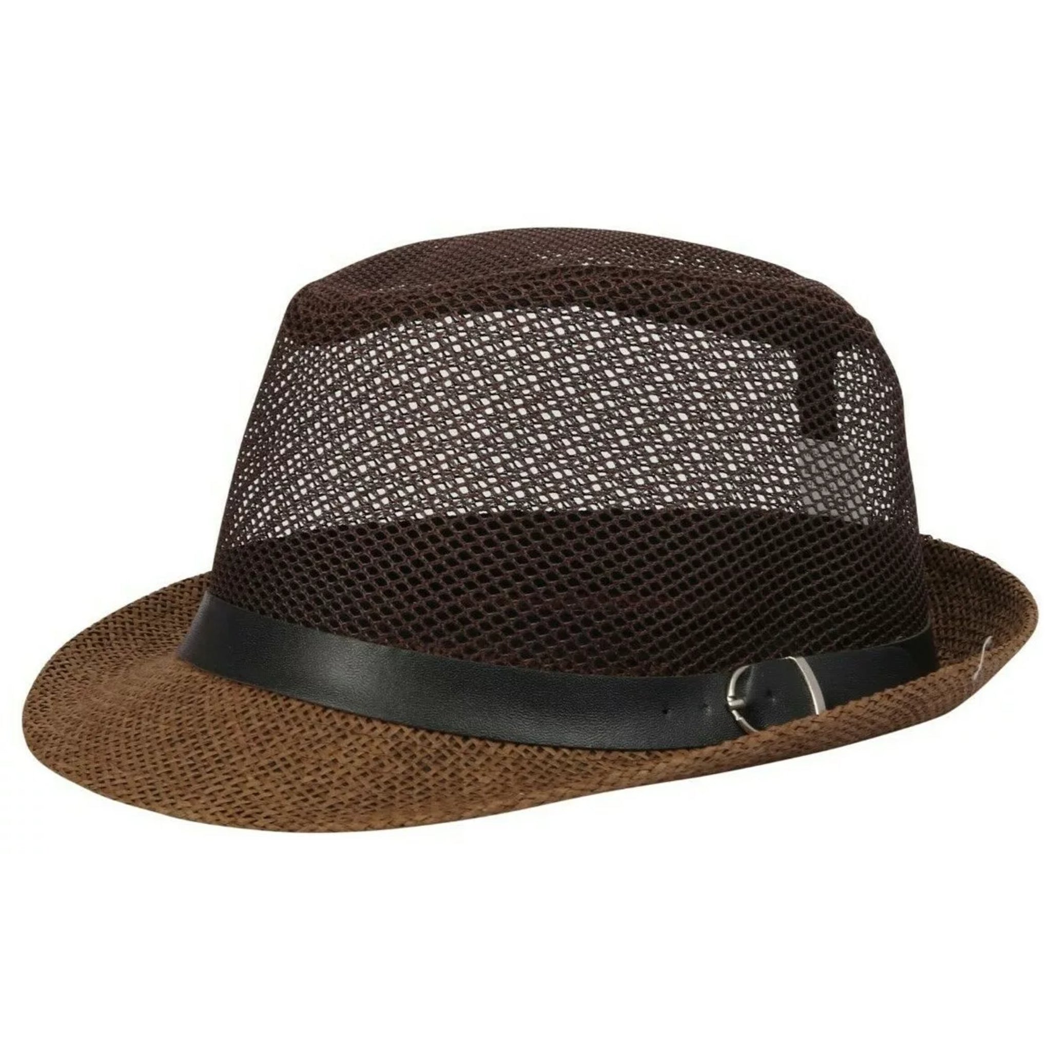 Unisex brown straw trilby hat with breathable mesh upper and black band – men's and ladies lightweight summer sun hat for holidays and festivals